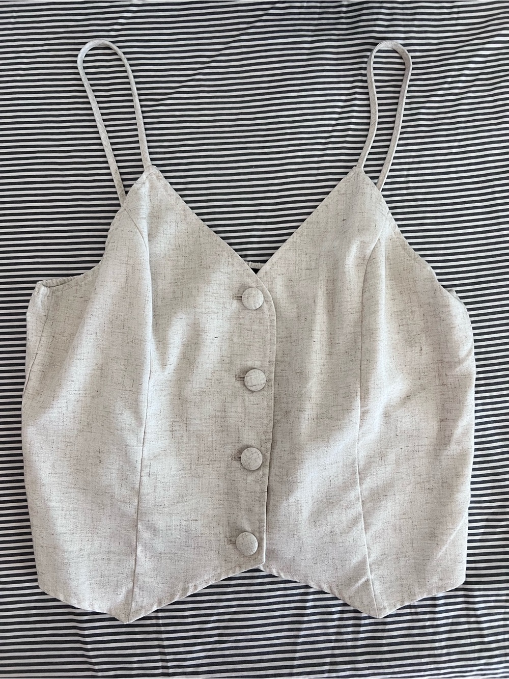 Sleeveless V-Neck Button Front Crop Top in Light Beige
